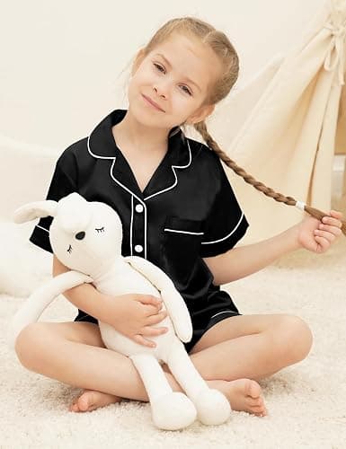 SWOMOG Kids Satin 2 Piece Pyjamas Sets Soft Short Sleeve Teen Girls Boys Sleepwear Button Down Top and Shorts Age 4-15 thumbnail 4