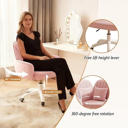WXJHL Mid-Back Velvet Desk Chair, Height Adjustable Swivel Vanity Chair with Wheels, Rolling Accent Chair for Home Office, Bedroom, Living Room, Pink thumbnail 3