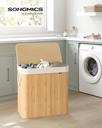 SONGMICS Laundry Basket with Lid, 150 L Bamboo, 3 Compartments | Laundry Hamper, Foldable, Removable and Machine Washable Liner Bag, for Laundry Room, Natural, RONEX Collection LCB091N01 - Image 1