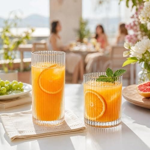 INSETLAN 12Pack Piece Ribbed Glassware - 6 Highball Glasses 12 oz, 6 Rocks Glass Cups 14 oz, Vintage Cocktail Drinking Glasses, Ideal for Wine, Juice, Water, Ice Coffee Cup, Whiskey, Mixed Drinkware thumbnail 8