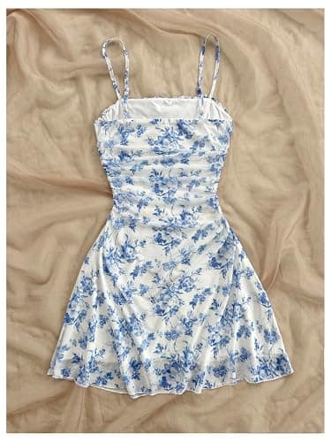 SHENHE Girl's Floral Ruched Spaghetti Strap Sundress Mesh A Line Flowy Boho Mini Dress thumbnail 3