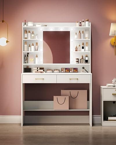 Hzuaneri Vanity Desk with Mirror and Led Light, Adjustable Brightness, Dressing Table with Shelves and 2 Drawers, for Bedroom, 40 x 100 x 149 Cm, White DT38703XCA thumbnail 6