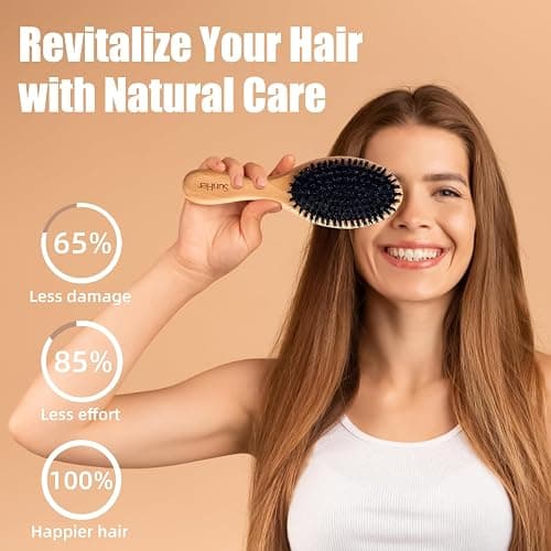 SunHer Boar Bristle Hair Brush - 100% Soft Boar Bristle Brush for Women Men Kids Restore Shine and Fine - Wooden Slick Back Hairbrush with Plastic Tail Comb for Short Thin Dry Hair thumbnail 4