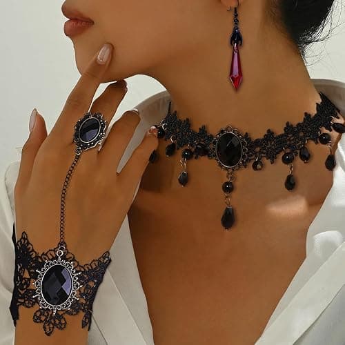 Gothic Black Necklace for Women Victorian Velvet Leather Lace Collar Necklace Adjustable Layered Heart Cross Choker Red Crystal Bat Earrings Goth Jewelry for Halloween thumbnail 2