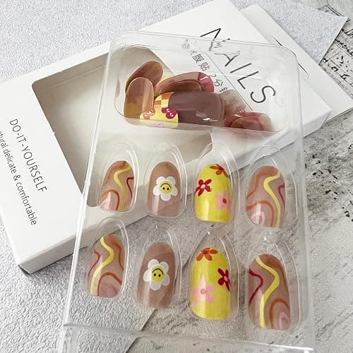 24 Pcs Flower Press on Nails Short, Almond French Tips Fake Nails Short Glue on Nails, Sun Flower False Nails with Glue Stickers, Cute Medium Length Acrylic Nail for Women thumbnail 4