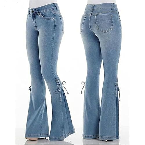 Women's Plus Size Bell Bottom Jeans Stretchy High Waisted Lace Up Flare Denim Pants Juniors Skinny Trouser thumbnail 2