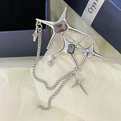 Punk Silver Star Moon Tassel Chain Brooch Collar Pins,Vintage Safety Cubic Zirconia Crystal Chain Tassel Brooch,Brooch Pins Shawl Clips for Women Girls thumbnail 5