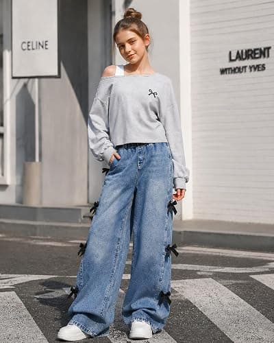 Kxuryueo Tween Girl Outfit One Shoulder Sweatshirt and Wide Leg Jeans Set with Bow & Pockets Size 9-14 thumbnail 2