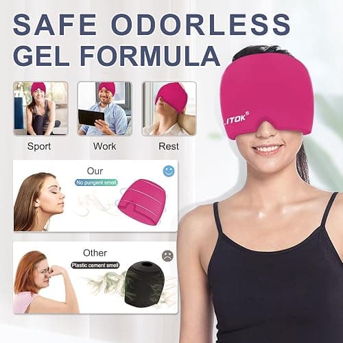 EXQUISLIFE Migraine Headache Relief Cap, Gel Ice Head Wrap, Hot and Cold Therapy, Headache Eyes Mask for Sinus, Puffy Eyes, Tension and Stress Relief (Hot Pink) thumbnail 5