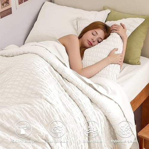 HYMOKEGE Ivory Twin XL Comforter Set Seersucker 5 Pieces, All Season Luxury Bed in a Bag for Bedroom, Bedding Set with Comforter, Sheets, Pillowcase & Sham thumbnail 2