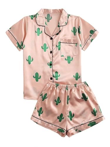 SweatyRocks Women's Short Sleeve Sleepwear Button Down Satin 2 Piece Pajama Set - Image 1