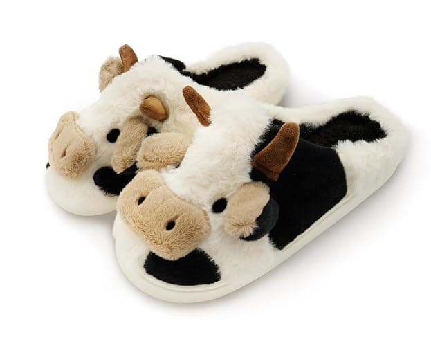 Nackiy Cow Slippers for Women & Men, Cute Animal Fuzzy Slides, Soft Cotton Plush Indoor Outdoor Shoes for Bedroom Living Room House - Image 1