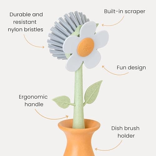 Vigar Florganic Daisy-Shaped Dish Brush with Vase Dish Brush Holder, Dish Brush with Handle, for Pot Scrubber, Kitchen Dishes, and Sink Cleaning, Orange thumbnail 4