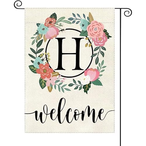 YeeCASE Monogram Letter Garden Flag Floral 12x18 Inch Double Sided for Outside Small Burlap Family Last Name Initial Yard Flag (H) - Image 1