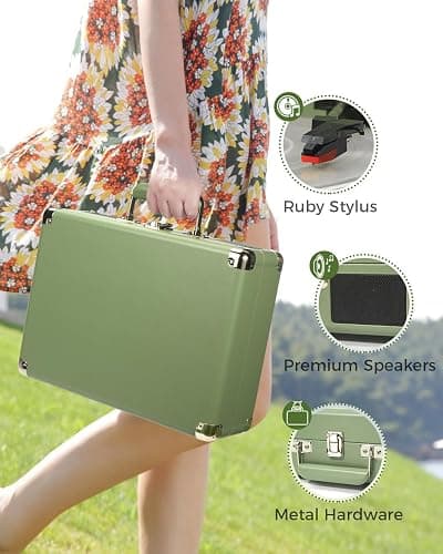 Vinyl Record Player 3 Speed Portable Suitcase Record Player with Treble & Bass Control, Built-in Speakers, 3.5mm Headphone Jack, RCA-Out/Aux in, Vintage Belt-Driven Turntable, Sage Green thumbnail 5