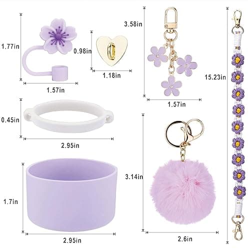 Stanley Tumbler Accessories - 7pc Set for 30/40 oz Cup, Including Handle Strap, Cup Boot, Straw Cover, Plush Ball and Key Charm, Purple - Purple thumbnail 2