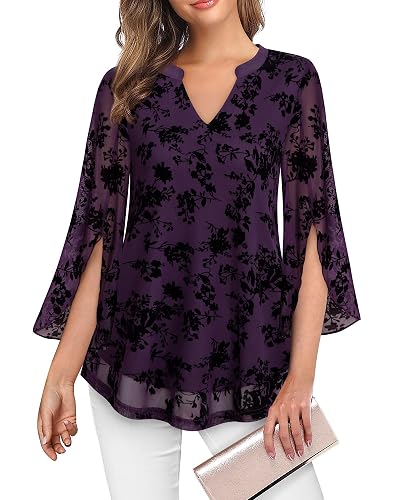 VALOLIA Women's 3/4 Sleeve Floral Tunic Tops V Neck Double Layers Loose Fit Mesh Blouses Shirt thumbnail 3