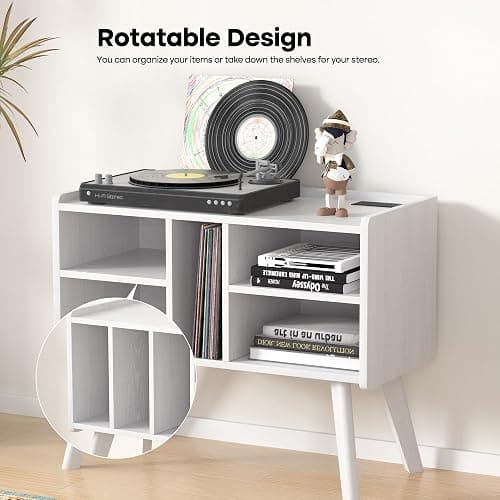Forevich Record Player Stand Table with Vinyl Storage Holder Large Turntable Record Stand with Power Outlet Holds Up to 220 Albums Display Shelf Cabinet with Wood Legs for Living Room White - White thumbnail 4