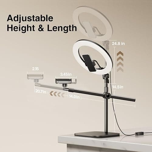 Overhead Phone Mount,Overhead Camera Mount Stand[Anti-Shaking] with 10.5" Ring Light,Desk Stand for iPhone with Ring Light for Video Recording,Zoom Meeting,YouTube,TikTok thumbnail 6