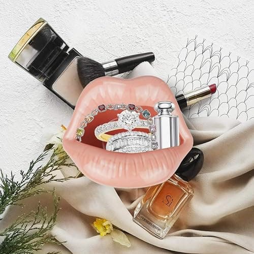 Trycooling Ceramic Red Lips Lipstick Ring Holder Jewelry Tray Rack Decorative Cosmetic Storage Display Holder Desktop Hairpin Storage Organizer Birthday Choice (Pink) thumbnail 5