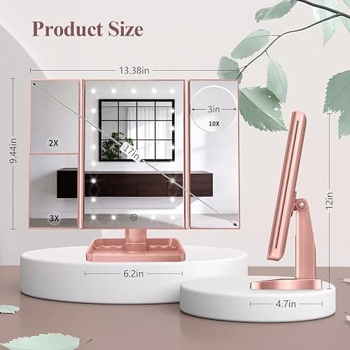 HUONUL Makeup Mirror, Vanity Mirror with Lights, 2X/3X/10X Magnification, Touch Control, Trifold, Dual Power Supply, Valentines Day Gifts for Her,Gifts for Women, Wife, Mom, Girls,Dorm Room Essentials thumbnail 7