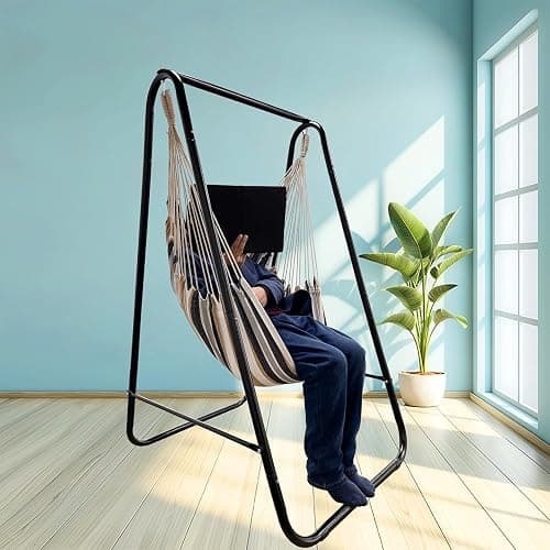 Hammock Chair with Stand,Hammock Chair Stand with Hanging Swing Chair Included,Weather Resistant Hammock Stand Max 450 Lbs,Saving Space Swing Stand for Indoor Outdoor Patio Yard Patented(Coffee) thumbnail 5