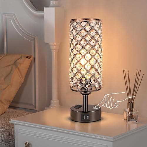 Hong-in Crystal Table Lamp Touch Control Set of 2, 3-Way Black Crystal Lamps with USB C+A Ports & AC Outlet, Dimmable Nightstand Desk Lamps,Modern Bedside Table Lamp for Bedroom(Bulbs Included) thumbnail 7