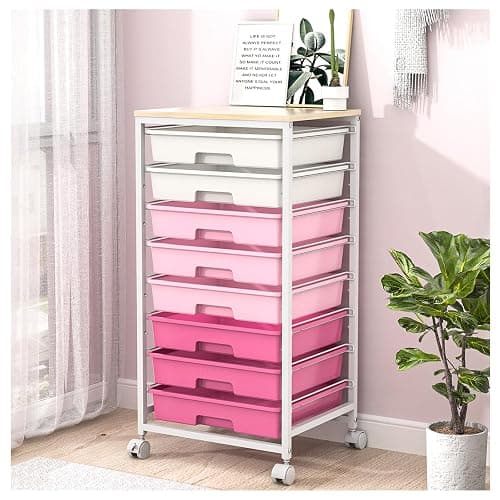 Rolling Cart with Drawers,Storage Cart with 8 Drawers and Wooden Tabletop,Utility Cart for Living Room,Classroom, Bedroom,Bathroom,Dorm,Office,Rose Pink - Image 1