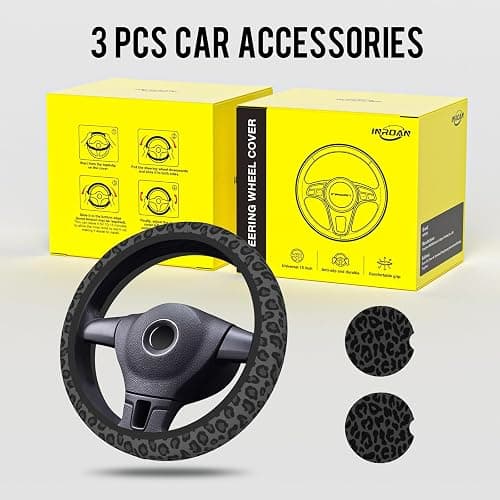 Black Leopard Print Cheetah Steering Wheel Cover for Women, Anti-Slip Breathable High Elastic Neoprene Car Steering Wheel Cover, Universal 15 Inch for Cars, SUVS, Includes 2 Ceramic Cup Coasters thumbnail 8