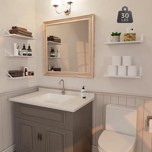 COCOYA Wall Shelves 7.3" Deep Set of 2, Solid Paulownia Wood Wider Longer Sturdy Easy to Install Wall Mounted Bookshelves Storage Shelves Bathroom Storage Office Laundry Room Bedroom Organizer White thumbnail 6