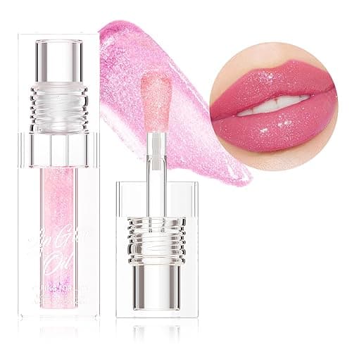 Hydrating Lip Glow Oil, Glitter Pink Plumping Tinted Gloss for Women & Girls, Moisturizing Non-Sticky Smooth Lacquer with Big Brush for Daily Use & Events, Lip Care lipgloss for Dry Lips(Pink, 1 pcs) - Pink - 1 pcs