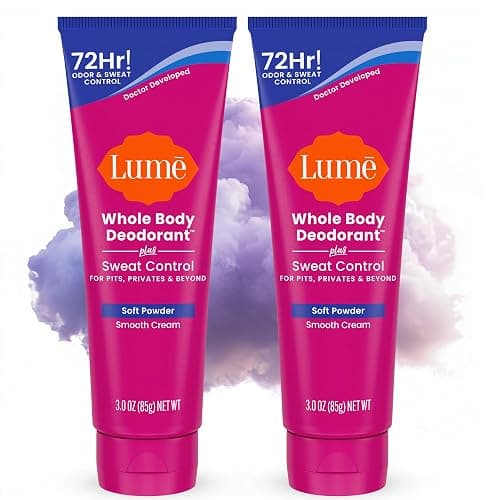 Lume Whole Body Deodorant Plus Sweat Control - Smooth Cream Tube - 72 Hour Odor And Sweat Control - Baking Soda Free, Skin Loving - 3.0 ounce (Pack of 2) (Soft Powder) - Image 1