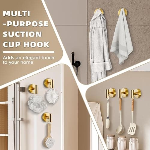 Fenas Suction Cup Hooks for Shower - Bathroom Reusable Hooks for Towels, Robes & Loofah - No-Drill Mounting on Kitchen,Walls,Metal,Glass,Mirrors,Tile & Smooth Non-Porous Surfaces (2, Brushed Gold) thumbnail 5