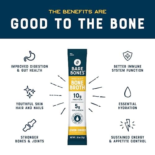 Bare Bones Bone Broth Instant Powdered Mix, Lemon Ginger, Pack of 8, 15g Sticks, 10g Protein, Keto & Paleo Friendly Bone Broth Packets thumbnail 4