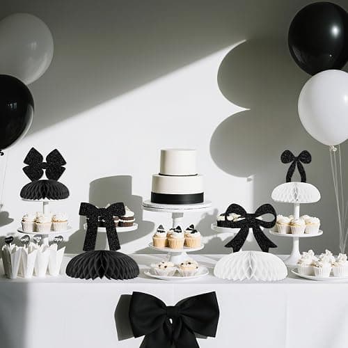 Cheerupp 8 Pcs Black Bow Glitter Honeycomb Centerpieces Decorations, Black White Table Toppers Decor, Bow 3D Table Signs for Baby Shower Bachelorette Birthday Party Supplies thumbnail 4