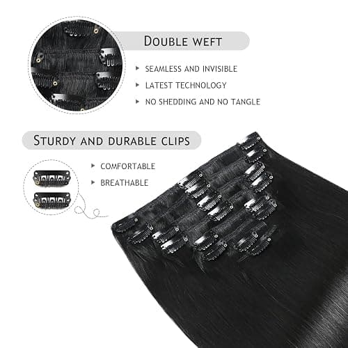 YILITE Clip in Extensions Echthaar 35cm 100% Echthaar Extensions Clip 14 Zoll 8 Stück 110g Unsichtbar Glatt Zum Anklippen Menschenhaar Doppelt Genäht (35cm #1 Tief Schwarz) thumbnail 3