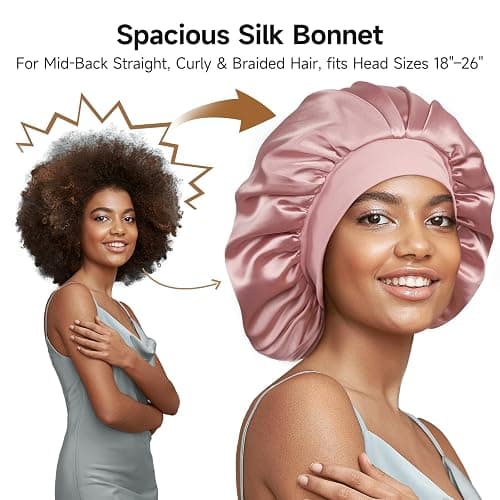 Umisleep 22 Momme Silk Lined Bonnet for Sleeping Women, Double Layer, Large | 100% Mulberry Silk for Long Curly Hair, Reduce Frizz, Soft Adjustable Band Hair Bonnet, Stay on All Night Sleep Cap, Pink thumbnail 4