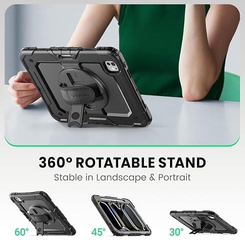 SEYMAC for iPad Pro 11 Inch Case M5 2025 / M4 2024, Heavy Duty Shockproof Protective Case with Screen Protector, 360° Rotating Stand, Hand/Shoulder Strap and Pen Holder, Black thumbnail 4