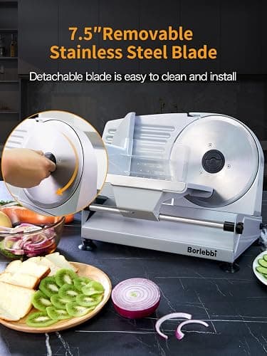 Meat Slicer, 200W Electric Food Slicer with 2 Removable 7.5" Stainless Steel Blades and Stainless Steel Tray, Child Lock Protection, Adjustable Thickness, Food Slicer Machine for Meat Cheese Bread thumbnail 4