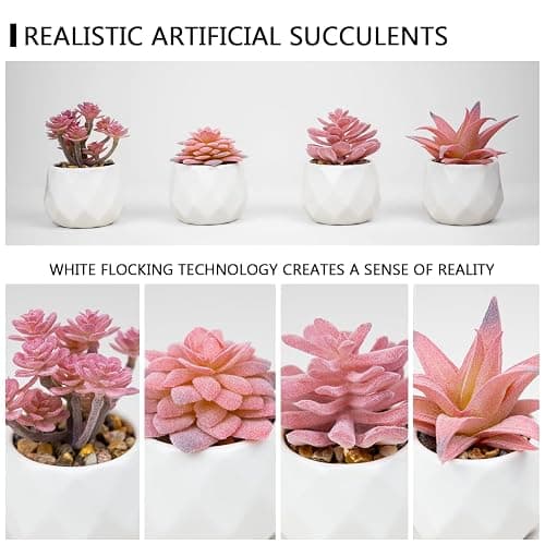 VIVERIE Mini Succulents Plants Artificial in Pots-Rose Pink, Christmas Small Fake Succulents Plants for Home Halloween Decor Indoor for Women, White Ceramic, Set of 4, Gifts for Mom thumbnail 4