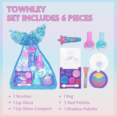 Townley Girl Kids Makeup Set in Mermaid Bag, Includes Lip Gloss, Nail Polish, Body Shimmer, Perfect for Birthday Gift, Party Favor, Makeover, Sleepover, for Girls Ages 3+ thumbnail 2
