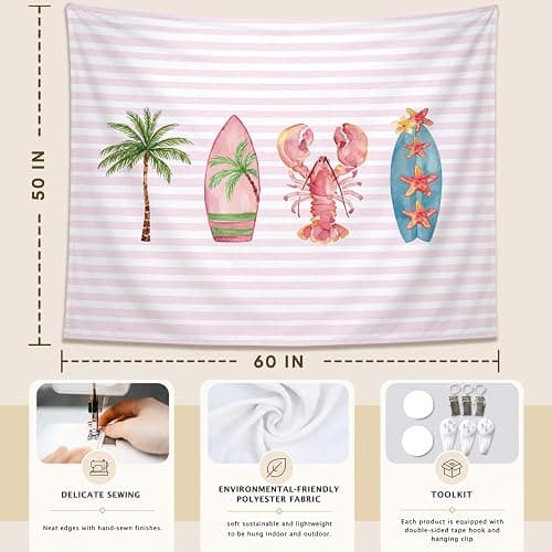 SkyCozy Pink Surf Coastal Beach Wall Tapestry,Surf Board Room Decor, Summer Coastal Preppy Trendy Retro East Coast Coquette Surfboard Crawfish Tapestry Decor for Girls Room College, 50x60 Inch thumbnail 6