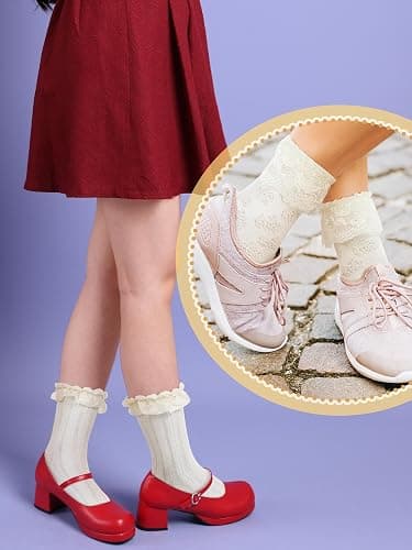 Fourluoo 6 Pairs Ruffle Socks Women Frilly Lace Ankle Socks Cream Lolita Princess Bow Breathable thumbnail 4