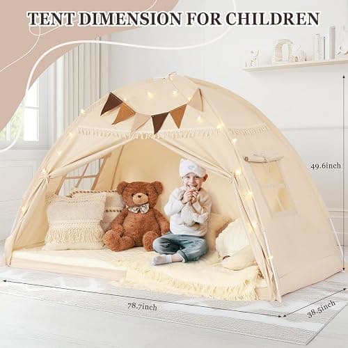 Twin Size Bed Tent Canopy, Kids Play Tent with Flags & Star Lights, Canopy on Bed Privacy Space Sleeping Blackout Tents, Indoor Breathable Portable & Foldable, Girls & Boys Gifts, Cream Tassels Style thumbnail 2