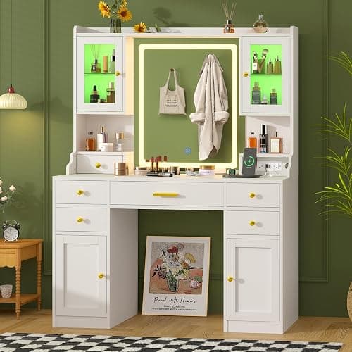 White Makeup Vanity Desk with Mirror and Lights, Large Vanity Table Set with Charging Station, Dressing Table with RGB Cabinets, Makeup Vanity Mirror with Light Desk and Drawers, 3 LED Light Modes thumbnail 9