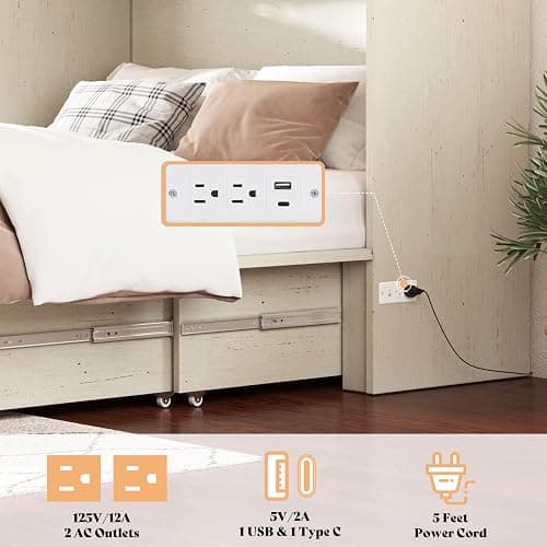 AMERLIFE Queen Murphy Bed with Storage & Charging Station, Farmhouse Murphy Cabinet with Foldable Panel, Noisy Free, for Guest Bedroom, Living Room, Office, Distressed White thumbnail 6