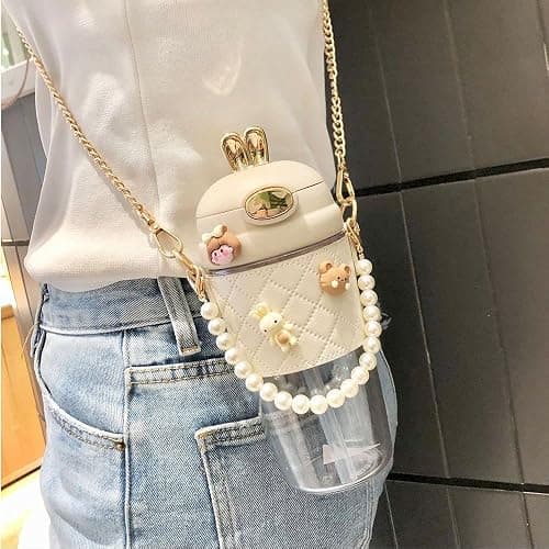 TULDYS Kawaii Water Bottle, 20 oz 580ml Rabbit Water Glass with Pearl Chain Strap, 3D Stickers Cute Aesthetic Bottle for girls for outdoor (Pink) thumbnail 7