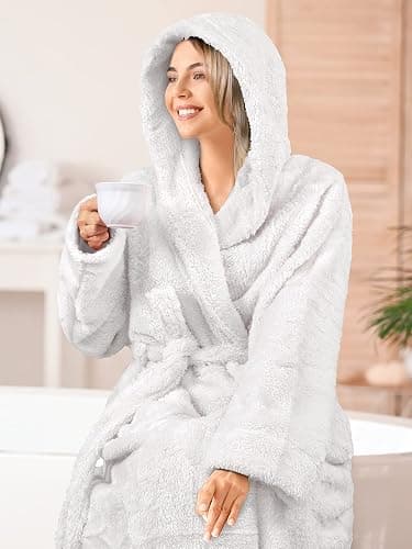 PAVILIA Women Hooded Plush Soft Robe | Fluffy Warm Fleece Sherpa Shaggy Bathrobe thumbnail 5