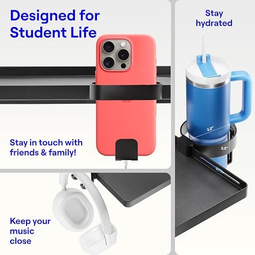 BedShelfie Bedside Shelf for Dorm Room Bunk Bed & Top Bunk, College Dorm Room Essentials, Bedside Caddy, Clip on Floating Tray, Bed Side Table Storage, Loft Nightstand Decor, Black thumbnail 4