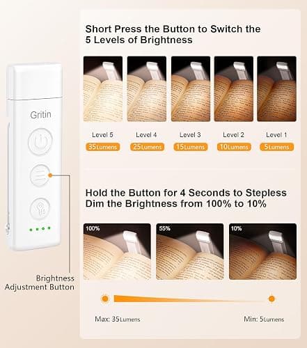 Gritin Book Light Rechargeable, Clip on LED Reading Light for Books in Bed | Eye Caring 3-Color & 5-Brightness, Stepless Dimming, Long Lasting, Compact Size Flexible Book Lamp for Bookworms thumbnail 2